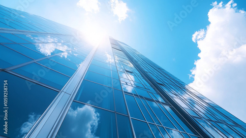 Wallpaper Mural A tall, modern office building reaches up towards a bright blue sky. Torontodigital.ca