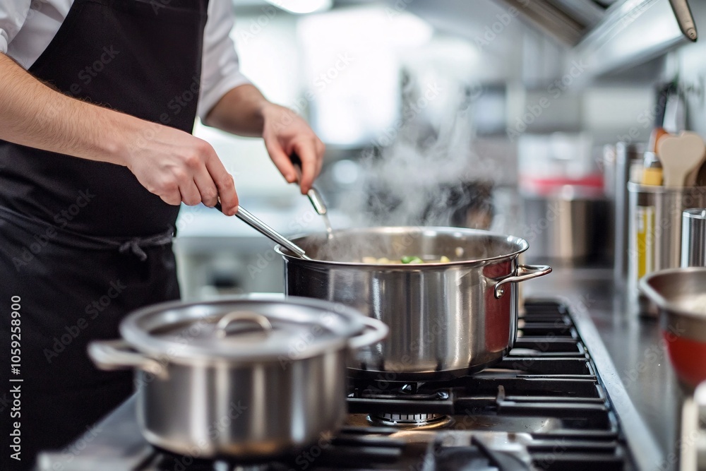 A chef wearing a black apron, stirring a large pot of soup on a modern stainless steel stove in a bright kitchen 3 A chef wearing a black apron, stirring a large pot of soup on a modern stainless steel stove in a bright kitchen 3