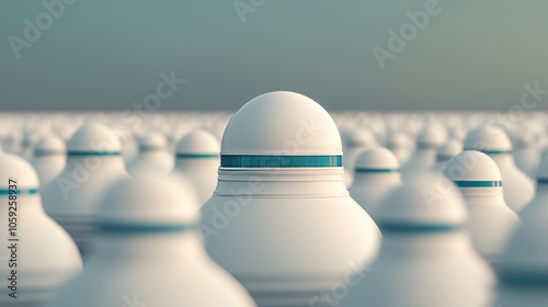 A single white dome with a turquoise band stands out from a sea of identical white domes. photo