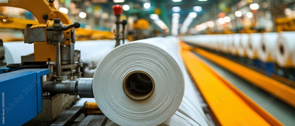 Close-up of a paper roll in a modern manufacturing facility with machinery and conveyor belts in the background. Close-up of a paper roll in a modern manufacturing facility with machinery and conveyor belts in the background.