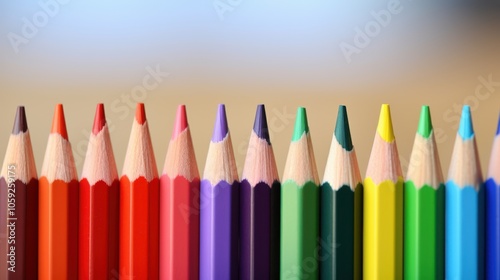 A vibrant collection of sharpened pencils stands upright, their colors vividly echoed in the soft background, inviting creativity and artistic expression.