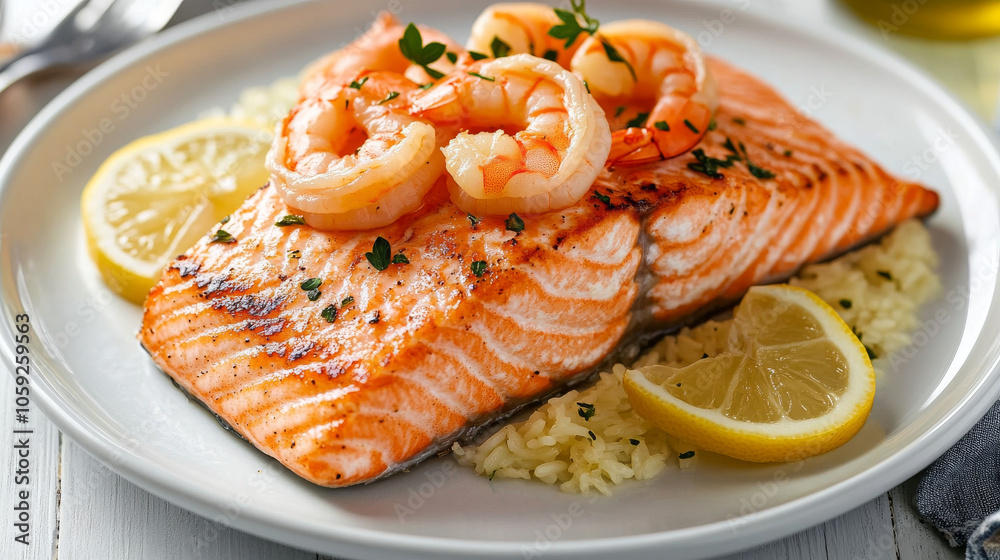 A delicious grilled salmon fillet, topped with lemon and shrimp. This seafood dish is a healthy choice. A delicious grilled salmon fillet, topped with lemon and shrimp. This seafood dish is a healthy choice.
