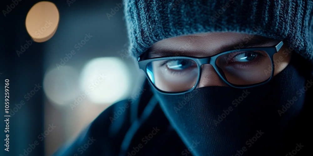 Close up of masked individual with glasses, focused in dark environment, conveying sense of mystery and intrigue
