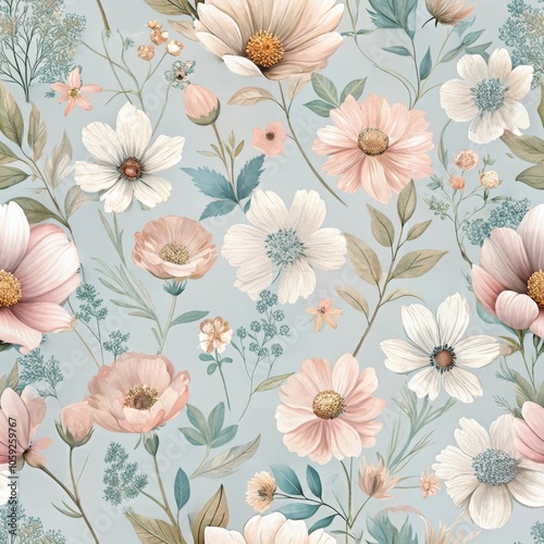 Wallpaper Mural Delicate floral pattern with pastel wildflowers and leaves on light blue background Torontodigital.ca