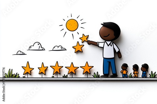 a 2D cartoon illustration of a teacher handing out gold stars to students rewarding and encouraging white background photo