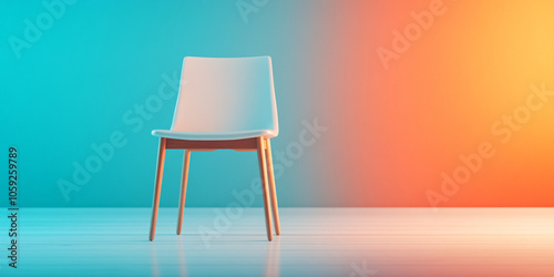 minimalist chair with sleek design stands alone against vibrant gradient background of blue and orange, creating striking visual contrast