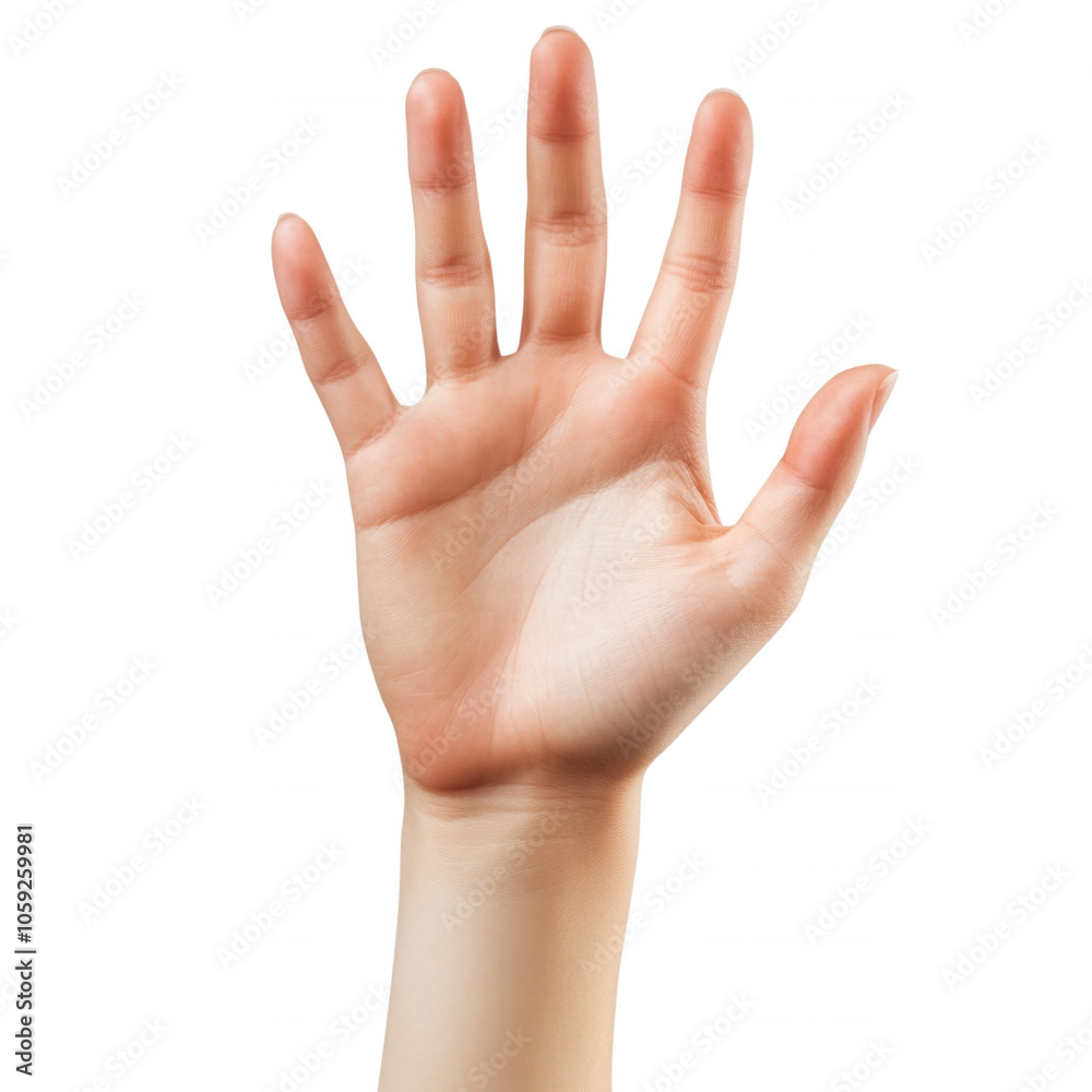 Close-up of a hand with five fingers raised, palm facing the viewer, isolated on transparent or white background Close-up of a hand with five fingers raised, palm facing the viewer, isolated on transparent or white background