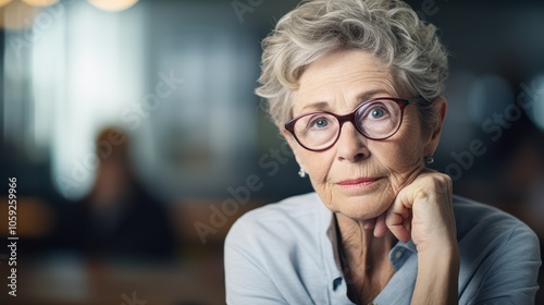 An elderly woman with glasses sits thoughtfully, her expression contemplative, surrounded by soft indoor lighting, capturing a moment of reflection and wisdom.