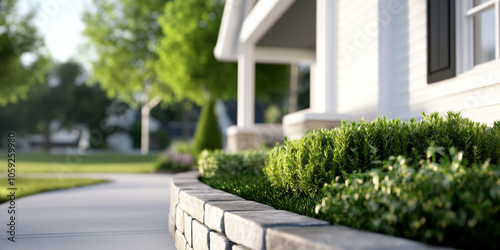 serene home exterior featuring stone wall, lush greenery, and well maintained pathway. inviting atmosphere showcases beautiful landscape design