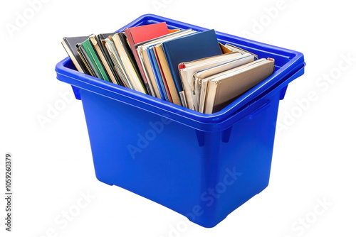 A blue plastic bin filled with a variety of colorful books, isolated on transparent or white background