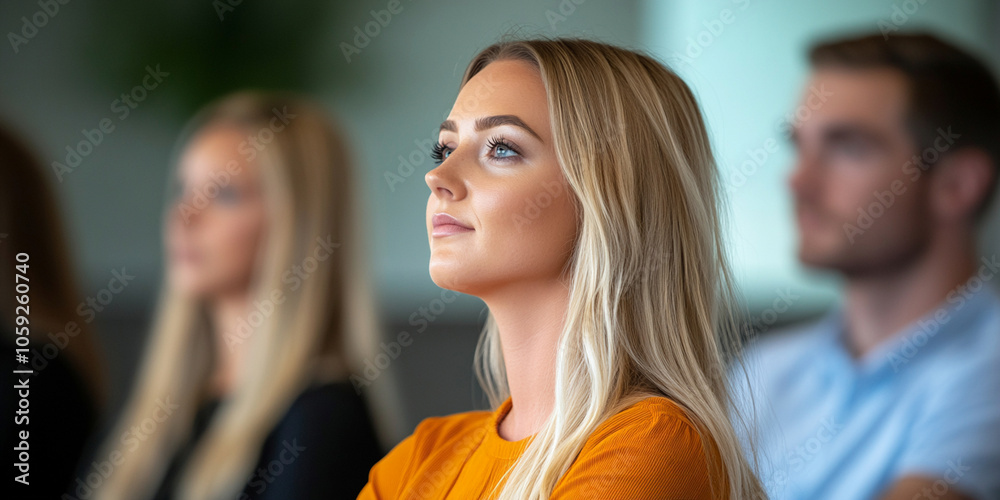 Obraz premium focused woman listening attentively at property investment seminar, surrounded by other participants. atmosphere is engaging and informative
