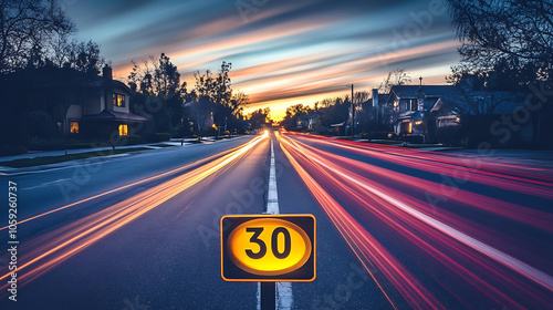 Speed limit 30 sign glowing faintly under sunset sky, with light trails from passing cars creating dynamic scene. peaceful neighborhood adds to atmosphere photo