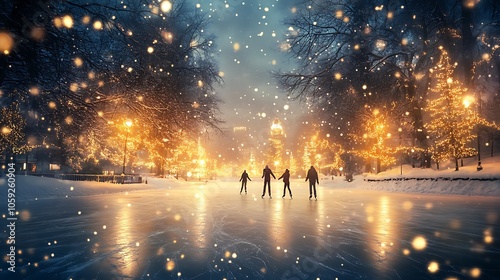 Magical winter ice skating scene under twinkling lights and snowflakes