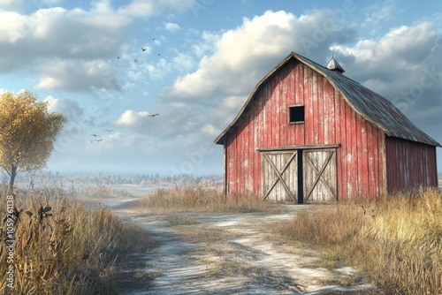 Rural Red Barn with Cloudy Sky and Dirt Road