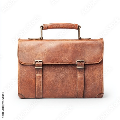 A vintage brown leather briefcase with a smooth texture and sturdy handle, featuring two buckle closures for secure storage.