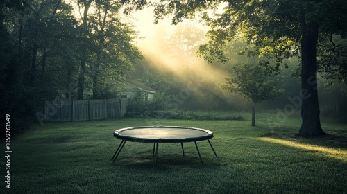 A serene backyard scene featuring a trampoline surrounded by trees and soft morning light. photo