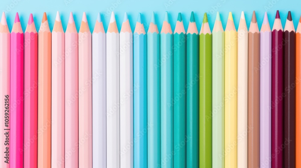 An array of vibrantly colored pencils aligned neatly on a pastel blue background, evoking creativity and organization. An array of vibrantly colored pencils aligned neatly on a pastel blue background, evoking creativity and organization.