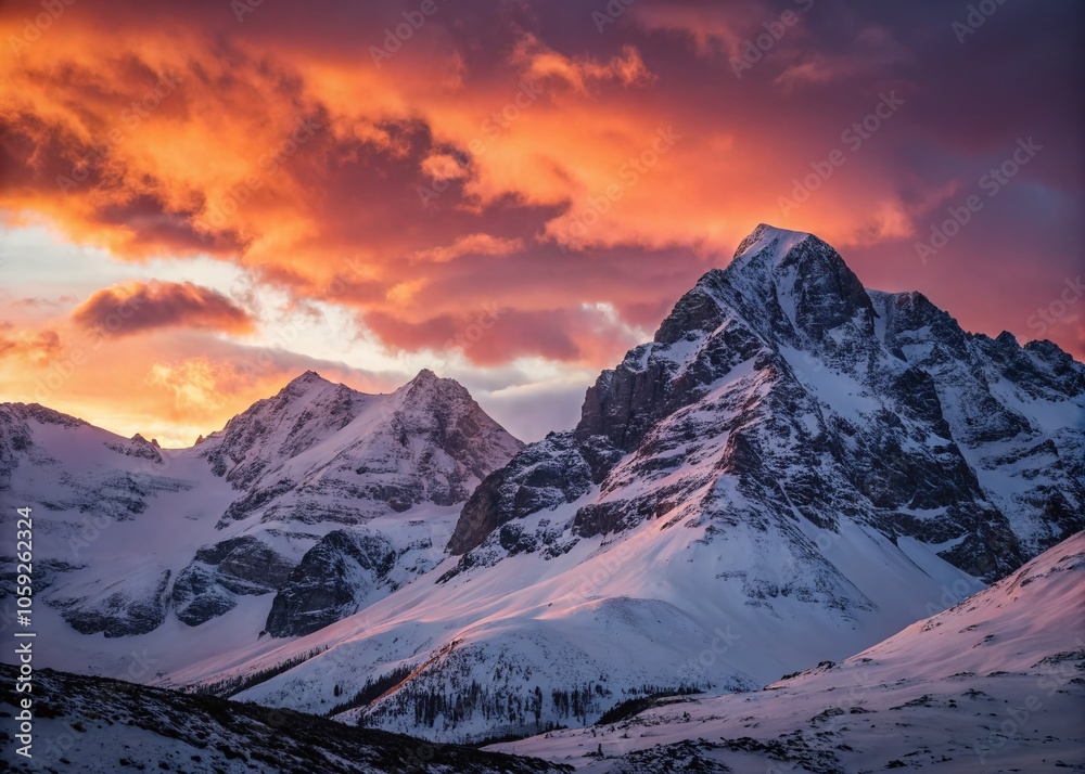 Fototapeta premium Breathtaking Sunset Over Snowy Mountain Peaks Captured in Stunning Documentary Photography