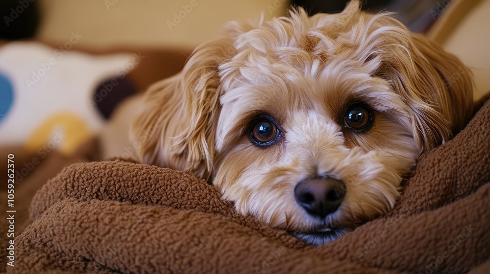 Adorable dog's head poking out from a thick blanket, resting peacefully on a bed, embodying relaxation and comfort. Adorable dog's head poking out from a thick blanket, resting peacefully on a bed, embodying relaxation and comfort.