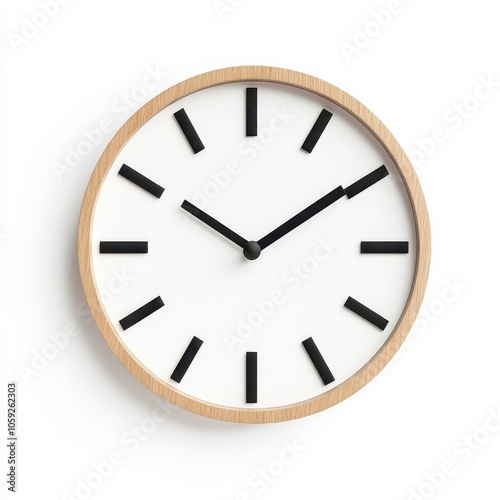 A minimalist wall clock with a wooden frame and simple black hour markers on a white face, emphasizing a modern and clean design aesthetic.