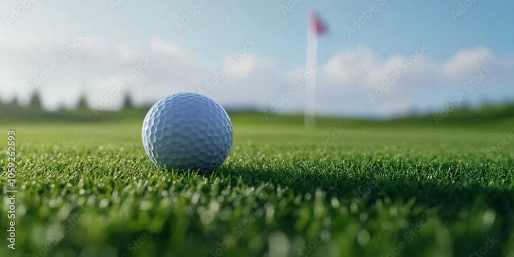 Obraz premium close up shot of golf ball resting on lush green grass, with flag in background, captures essence of serene golf course