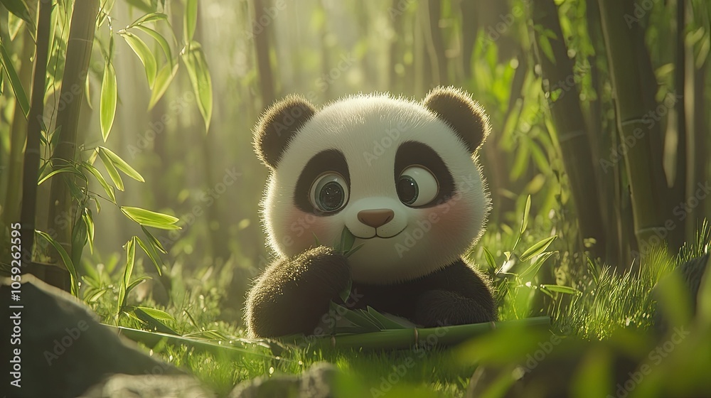 Adorable panda baby sitting and nibbling on bamboo, with its round face and big eyes adding to the charm of the moment. Adorable panda baby sitting and nibbling on bamboo, with its round face and big eyes adding to the charm of the moment.