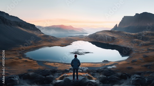 A solitary figure stands overlooking a serene circular lake enclosed by rugged mountains at sunrise, reflecting a tranquil landscape.