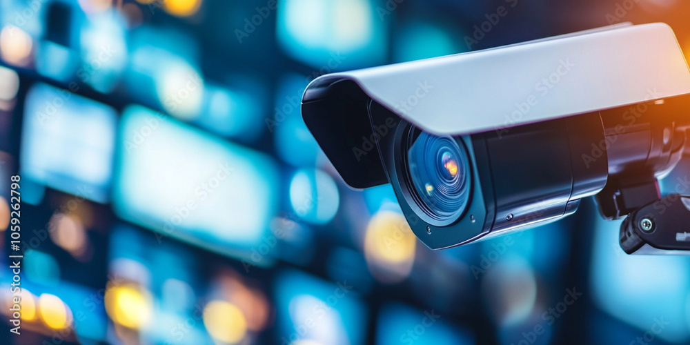Close up of surveillance camera with blurred background of multiple screens, showcasing security monitoring technology