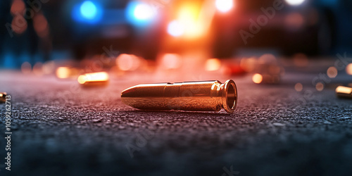 detailed view of bullet casing lying on ground, surrounded by scattered casings, with blurred police lights in background, creating tense atmosphere