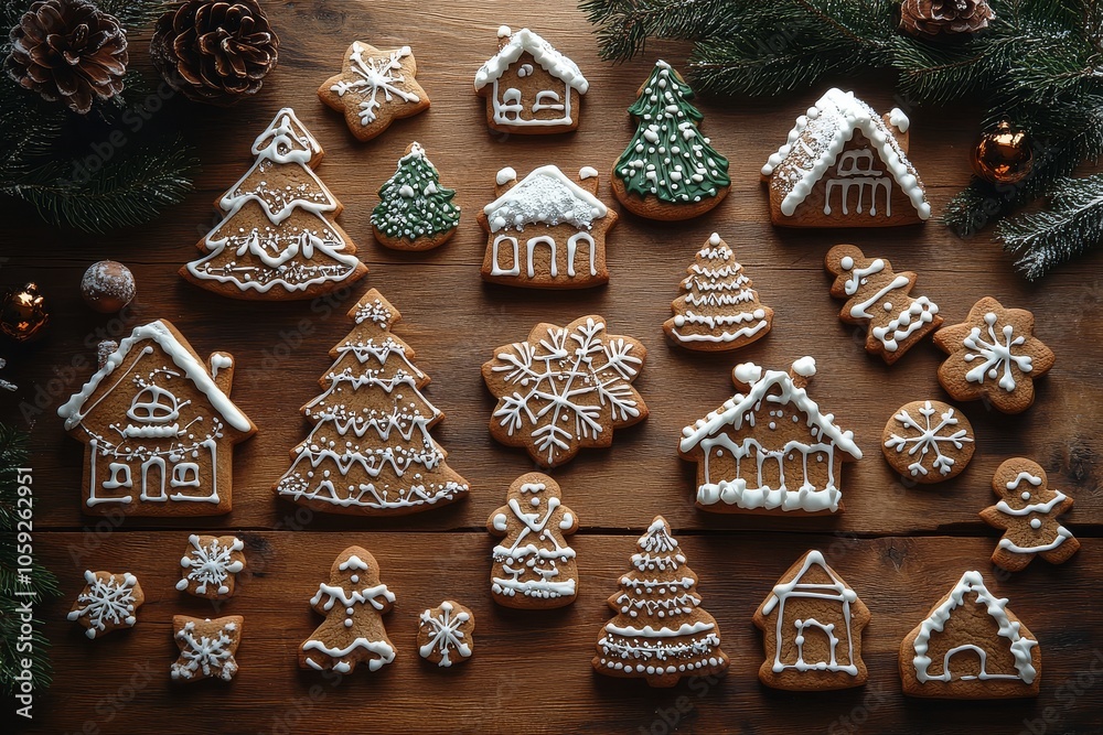 Collection of beautifully decorated gingerbread cookies shaped like Christmas trees, houses, snowflakes, elves, and people on rustic wooden table. Collection of beautifully decorated gingerbread cookies shaped like Christmas trees, houses, snowflakes, elves, and people on rustic wooden table.