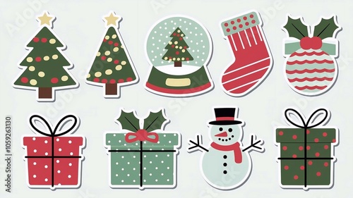 Set of Christmas stickers, Christmas tree, Christmas tree toy, snow globe, snowman, gift, stickers on white background