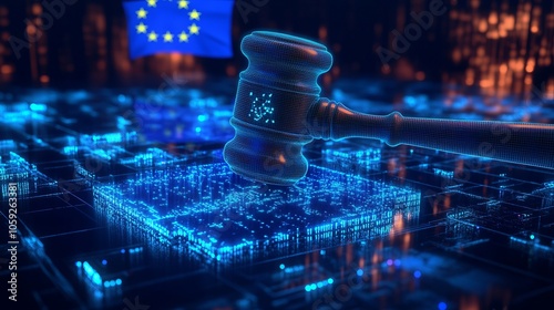 Digital gavel representing EU law and technology intersection.