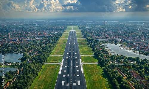 Aerial view of an airport runway surrounded by urban landscape.