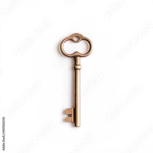 A vintage bronze key with an ornate top, resting on a white background.