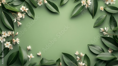 Floral arrangement with leaves and blossoms on a soft green background.
