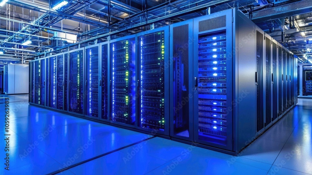 Fototapeta premium Data center with blue lighting, showcasing numerous server racks.