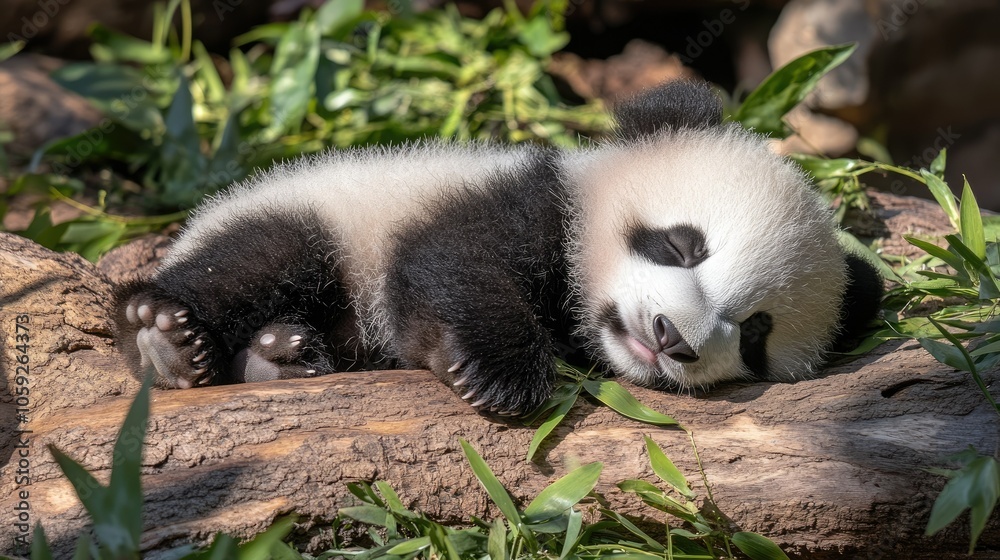 Fototapeta premium Baby panda sleeping on a log with a peaceful expression, surrounded by green foliage, showcasing its adorable, sleepy side.