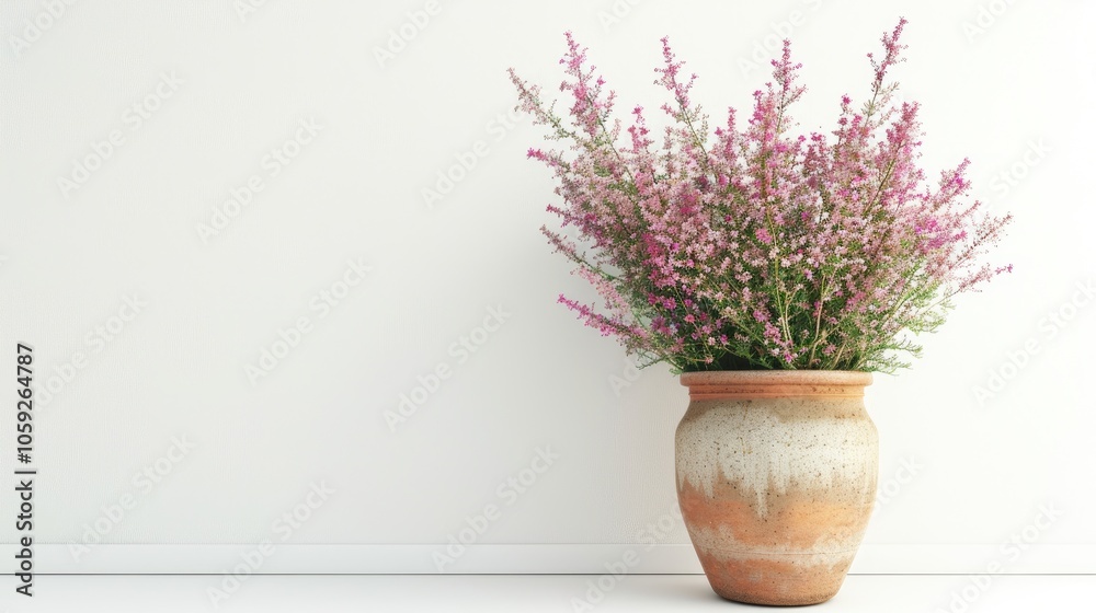 Fototapeta premium White and pink heather flowers grown in a clay pot, isolated on a white backdrop. Growing autumn and winter plants in a garden or on a balcony.