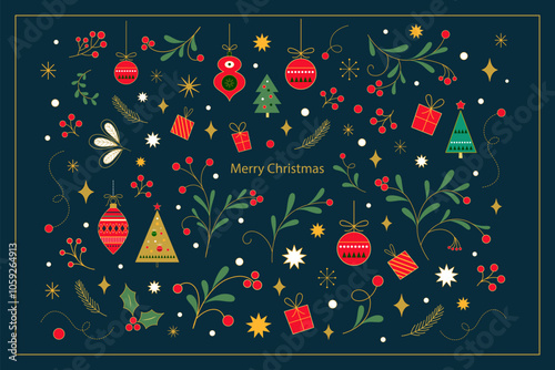 Merry Christmas cover design with Christmas toys and decorative branches. Christmas greeting card. Christmas illustration in Scandinavian style.