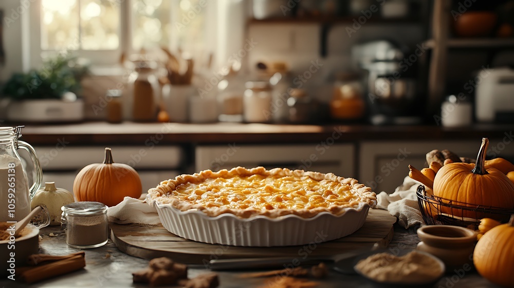 Delicious pumpkin pie and autumn kitchen scene with fresh ingredients Delicious pumpkin pie and autumn kitchen scene with fresh ingredients