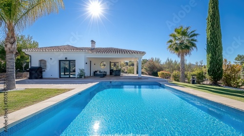 Blue swimming pool in a contemporary villa, framed by palm trees and modern decor, set against a sunny backdrop with clear skies.