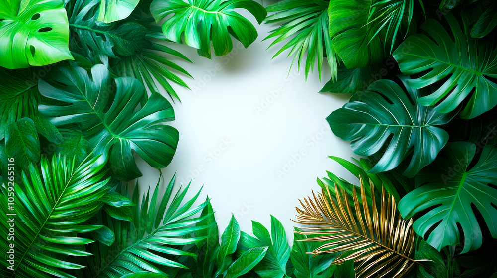 A white background with a green circle in the middle surrounded by tropical leaves and gold palm. A white background with a green circle in the middle surrounded by tropical leaves and gold palm.