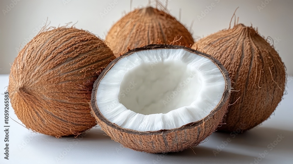 coconuts in whole and halved forms on a white background coconuts in whole and halved forms on a white background