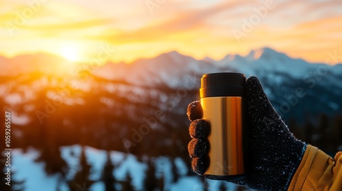 Hand holding a thermos against a stunning mountain sunset backdrop, symbolizing warmth and adventure in nature. photo