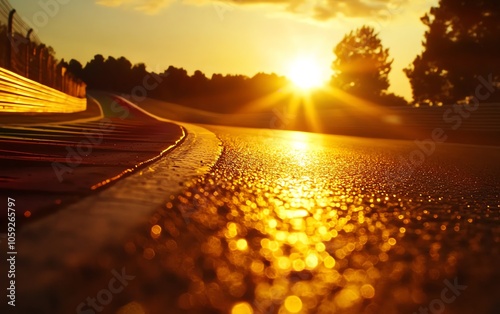 Winding road at sunset, illuminated by golden light, surrounded by trees and a clear sky. photo