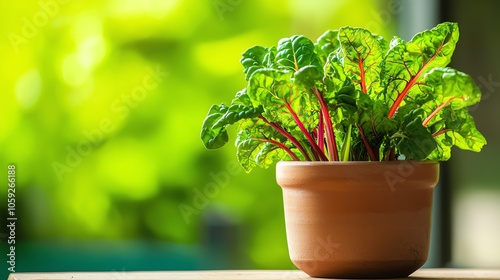 Vibrant greens of a potted chard plant against a blurred green background. photo