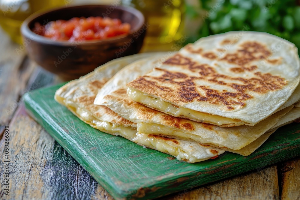 Hot cheese quesadillas on a green board with salsa and oil nearby Hot cheese quesadillas on a green board with salsa and oil nearby