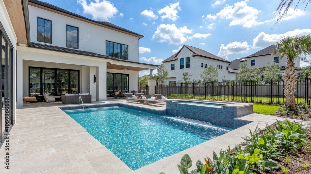 Fototapeta premium Clean, inviting pool in a modern villa backyard, with lush greenery and sleek design, capturing the peacefulness of a private retreat.