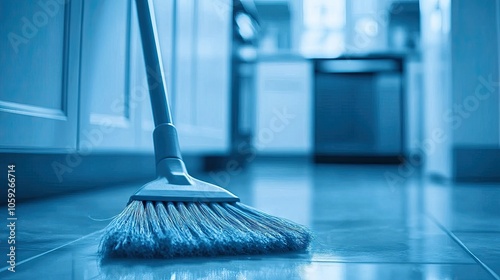 Close-up of a broom and dustpan on a clean floor, highlighting a simple, effective cleaning setup in a modern household setting.