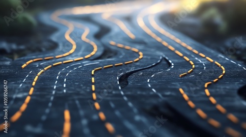 Abstract view of winding road with multiple lanes and glowing highlights. Perfect for concepts of journey, direction, and navigation.